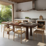 Nico Rect rectangular Suar wood dining table arranged with dining chairs in a covered semi-outdoor dining area