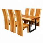 ear view of six Suar wood Block Chairs around a live-edge slab dining table
