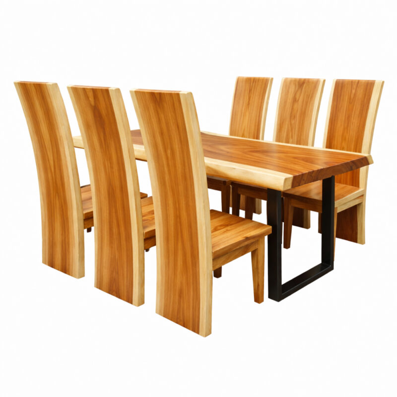 ear view of six Suar wood Block Chairs around a live-edge slab dining table
