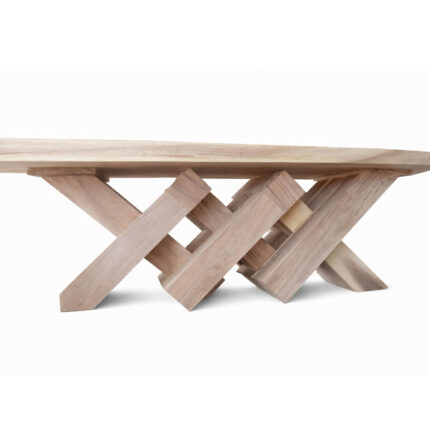 Niwara solid Suar wood dining table with sculptural interlocking cross legs