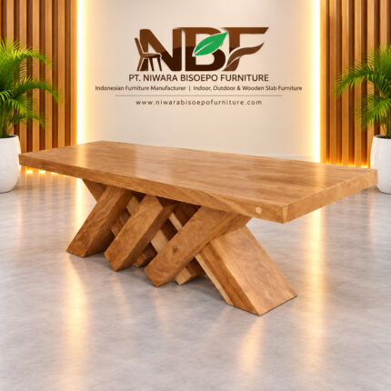 Niwara solid Suar wood dining table displayed in the NBF furniture studio