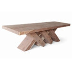 Side view of the Niwara dining table showing its intersecting geometric wooden legs
