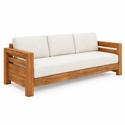 Niwara Solvane teak wood sofa with cream cushions and straight wooden armrests angled view