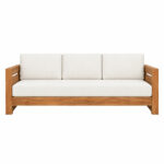 Niwara Solvane three seater teak wood sofa with cream cushions front view