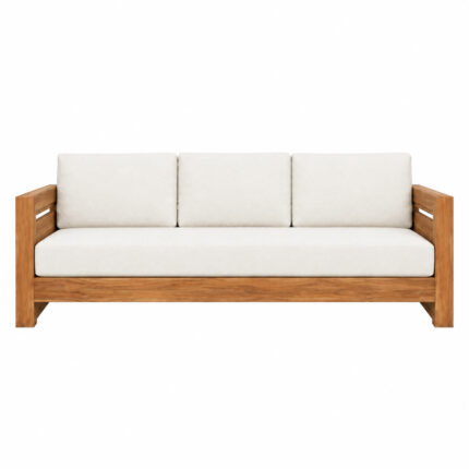 Niwara Solvane three seater teak wood sofa with cream cushions front view