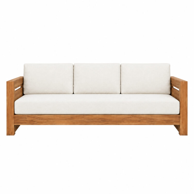 Niwara Solvane three seater teak wood sofa with cream cushions front view