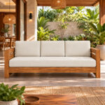 Teak wood armrest with horizontal detailing on the Niwara Solvane sofa