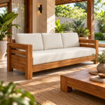 Niwara Solvane teak wood three seater sofa with a matching wooden coffee table