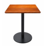 Niwara square teak wood cafe table with central black metal pedestal and round base