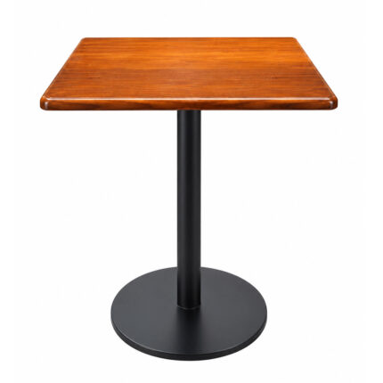 Niwara square teak wood cafe table with central black metal pedestal and round base