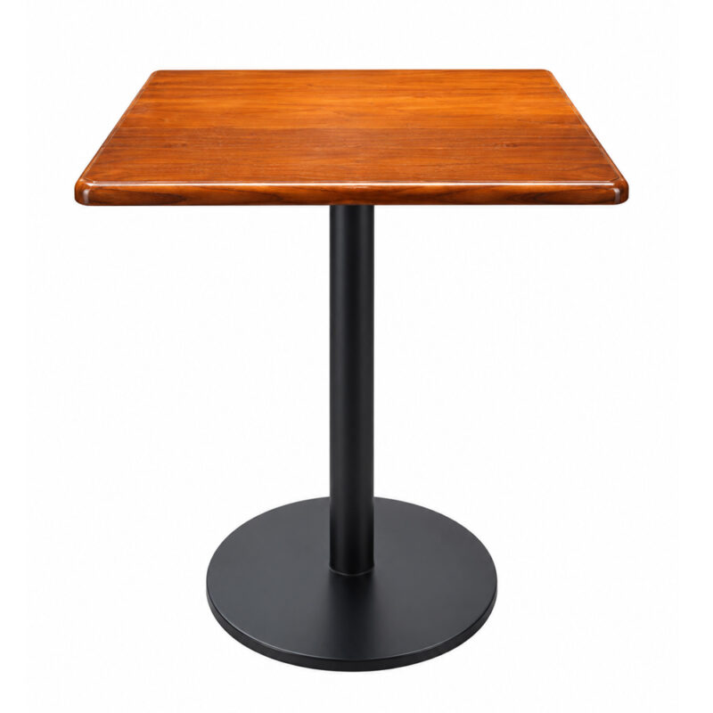 Niwara square teak wood cafe table with central black metal pedestal and round base