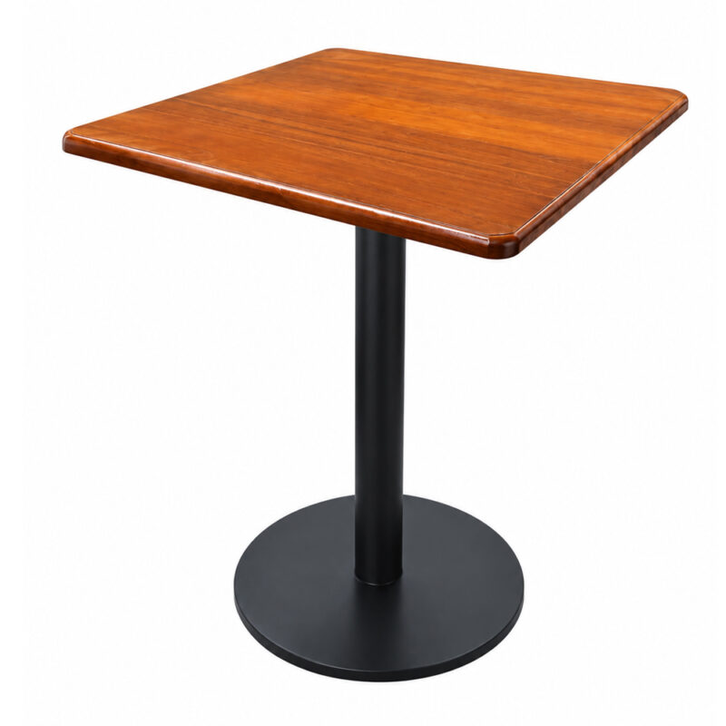 Square teak wood cafe table with rounded corners and black metal pedestal base