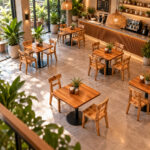 Black metal pedestal column and circular base of the Niwara teak cafe table