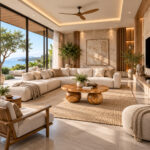 Nuvora solid Suar wood coffee table with oval top and twin ball bases in a modern living room
