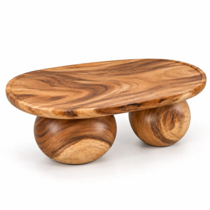 Nuvora oval Suar wood coffee table featuring two spherical wooden bases
