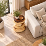 Nuvora round Suar wood accent table with sculptural stacked base beside a sofa