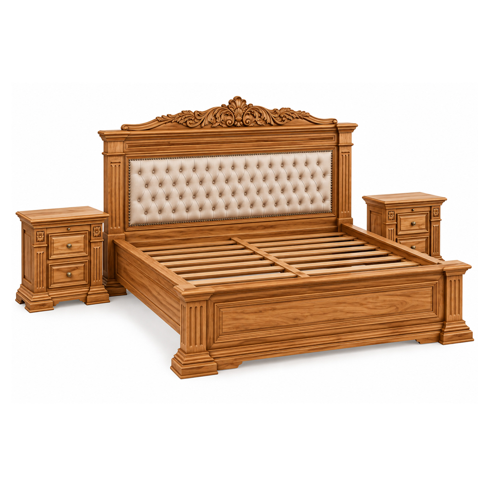 Ornavel Solid Teak Wood Bed 45 Degrees View Ornavel traditional royal teak bed frame with ornate carved details