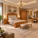 Ornavel solid teak wood bed with carved headboard in luxury bedroom