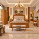 Ornavel teak wood bed with upholstered carved headboard in classic bedroom