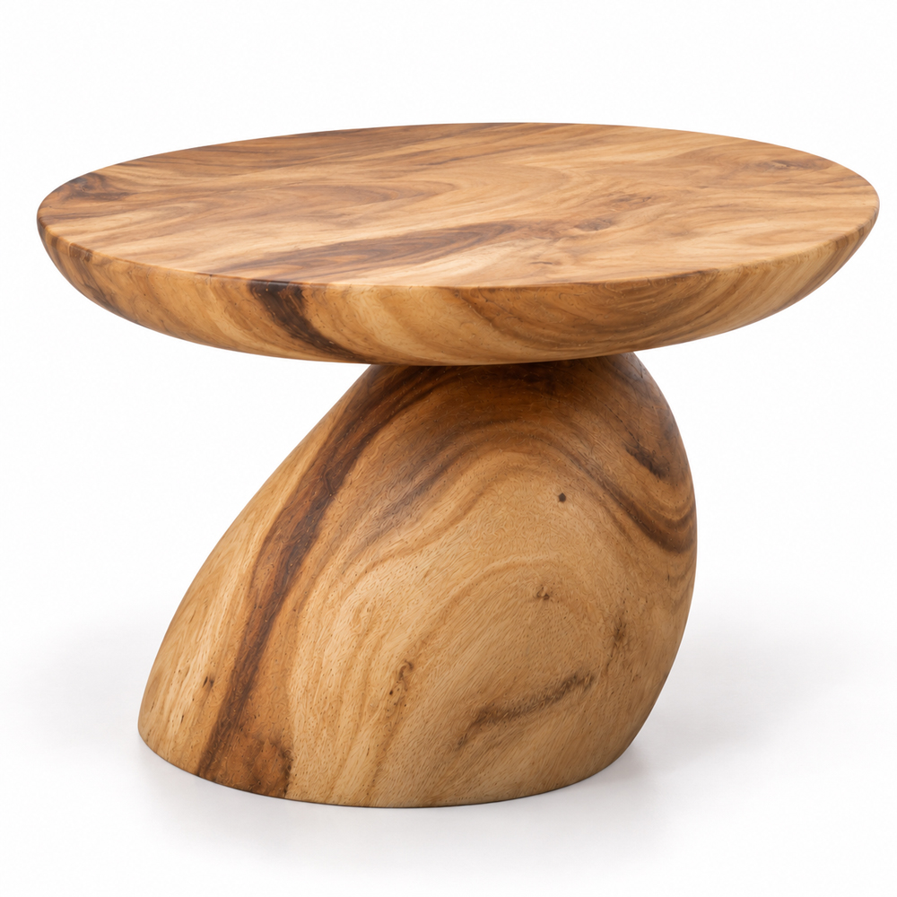 Orvella Suar Wood Side Table all view Front view of the Orvella Suar wood side table with its rounded sculptural base