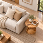 Orvella Suar wood side table placed beside a cream sofa in a modern living room
