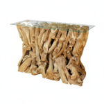 Rania driftwood console table with natural wood branch base and glass top