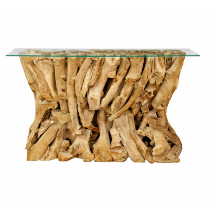 Rania natural driftwood console table front view with glass top