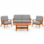 Front view of the RetroLine teak wood living room set with a two-seat sofa, two armchairs, and coffee table