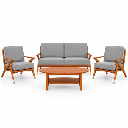 Front view of the RetroLine teak wood living room set with a two-seat sofa, two armchairs, and coffee table