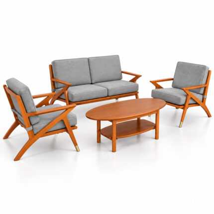RetroLine teak wood sofa set with gray cushions and oval coffee table, viewed from a three-quarter angle