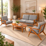Scandinavian-inspired teak wood sofa set with gray cushions in a bright contemporary interior