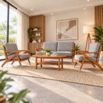 RetroLine wooden sofa set with gray cushions arranged in a warm minimalist living room