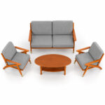 Complete RetroLine teak wood sofa set with gray cushions and matching oval coffee table on a white background