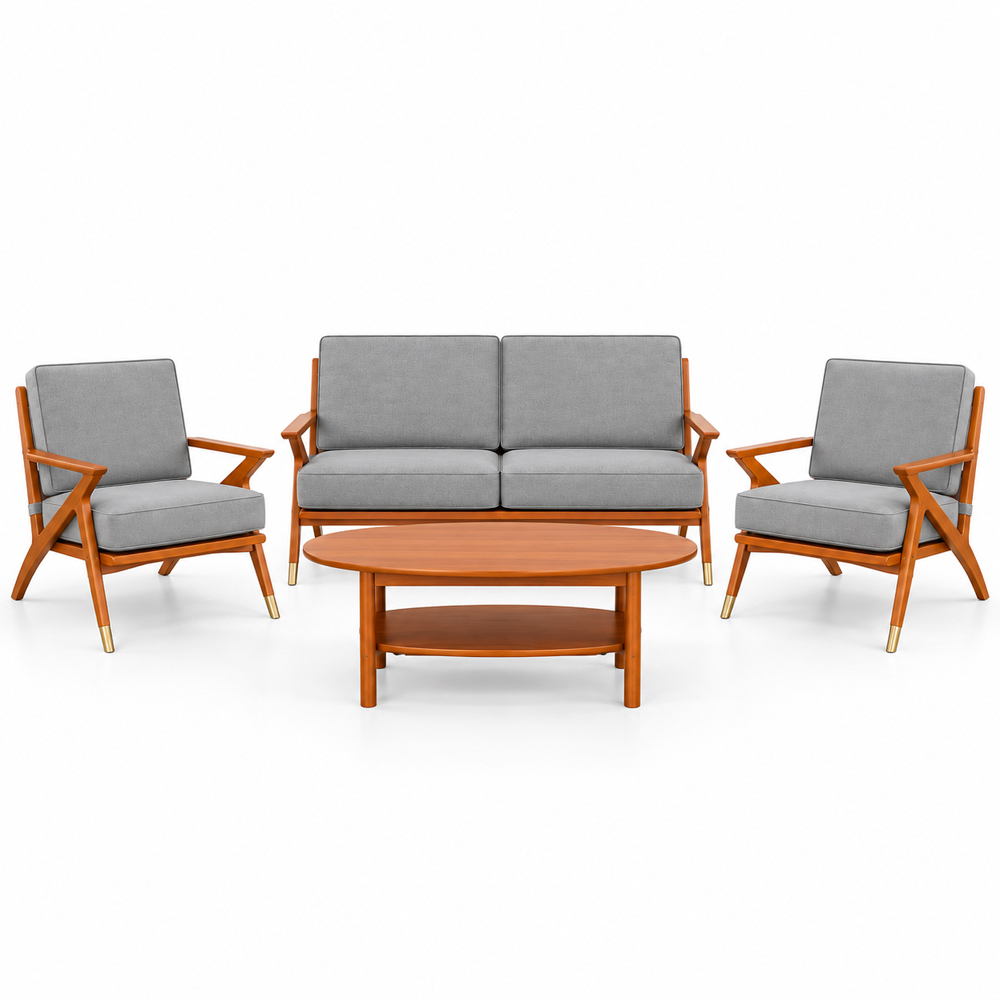 RetroLine Solid Teak Wood Sofa Set Front view of the RetroLine teak wood living room set with a two-seat sofa, two armchairs, and coffee table
