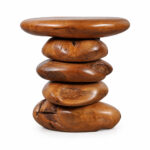 Arvana solid Suar wood side table with organic stacked river stone design