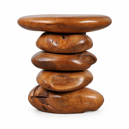 Arvana solid Suar wood side table with organic stacked river stone design