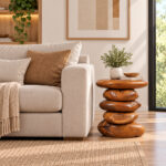 Organic Suar wood side table beside a beige sofa in a contemporary living room
