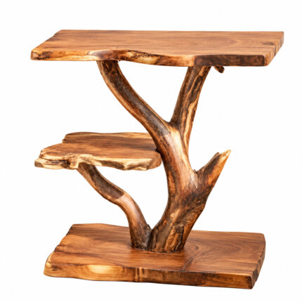 Front view of the Rootara suar wood side table with three wooden levels and a sculptural branch-shaped base