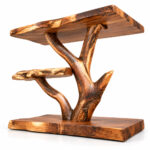 Low-angle view of the Rootara suar wood side table showing its sculptural support and tiered surfaces