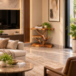 Sculptural suar wood side table displayed in a contemporary living room corner
