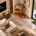 Top angled view of the Rootara suar wood side table styled beside a sofa in a modern living room