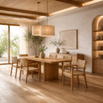 Solid teak wood dining chairs with woven seats and backrests around a natural wood dining table