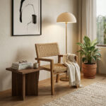Teak wood accent chair with woven seat and backrest beside a wooden side table