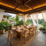 Woven seat teak dining chairs paired with a solid wood dining table in a tropical dining room