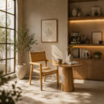 Solid teak accent chair with woven seat and backrest paired with a wooden coffee table