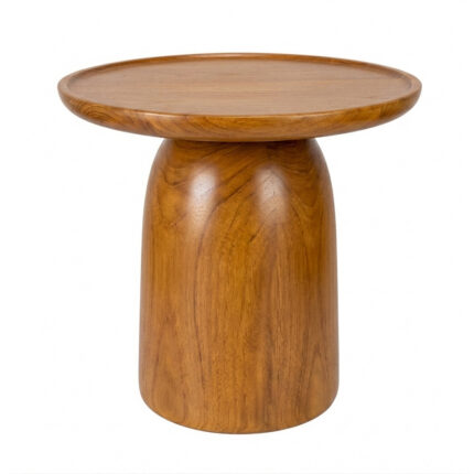 Modern solid teak side table with sculptural cylindrical pedestal base