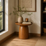 Modern solid teak side table with sculptural cylindrical pedestal base at room corner