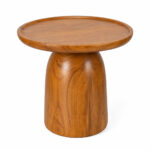 Solid teak drum pedestal side table with round tray-style top