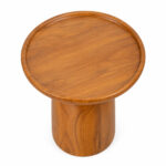Round teak side table with raised tray-style edge and natural wood grain