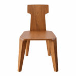 Front three-quarter view of solid Suar wood dining chair showing natural grain and T-shaped backrest